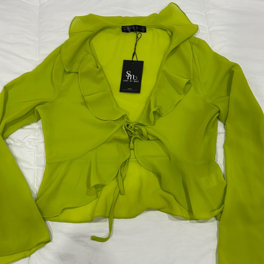Lime Green Cute Front Tie Crop Blouse